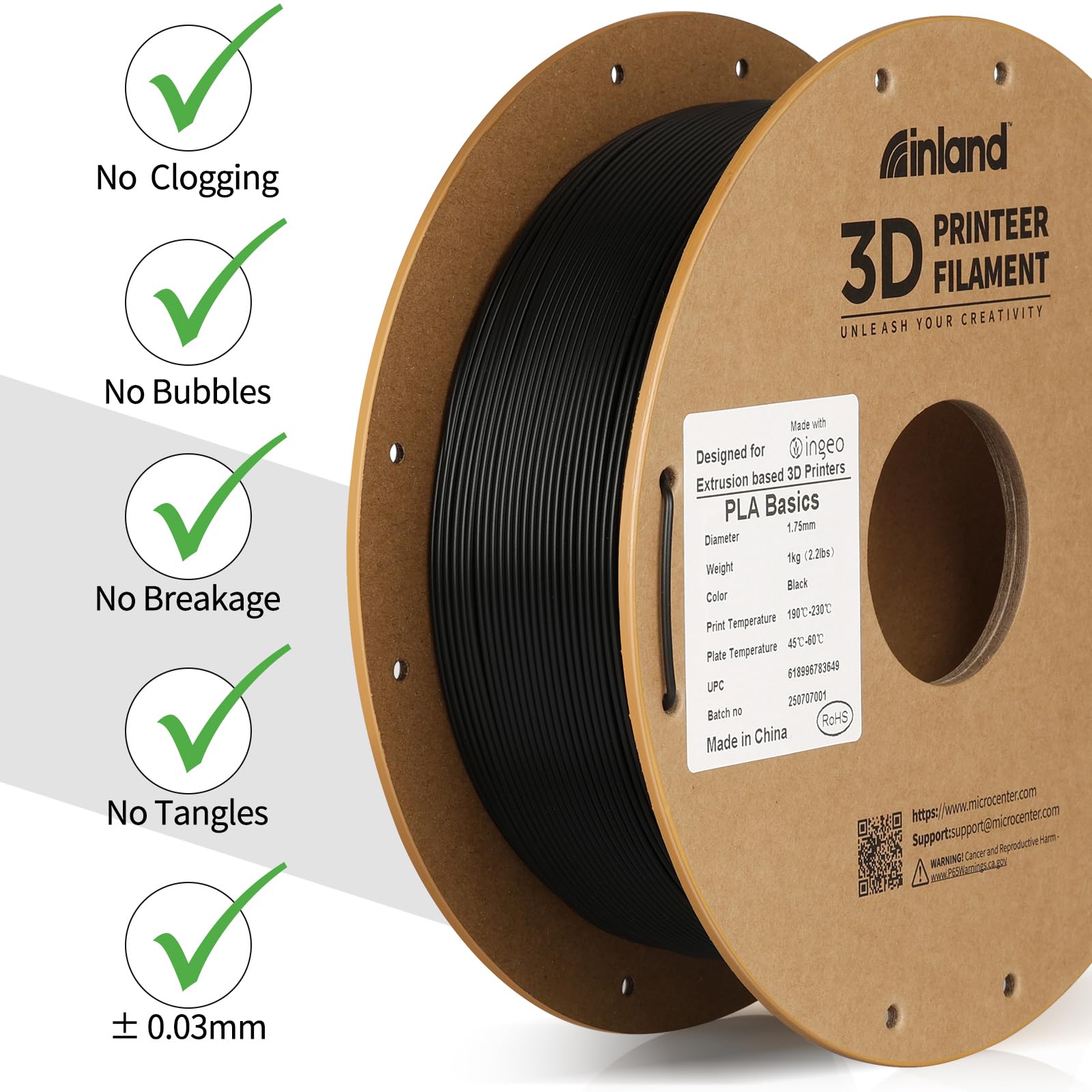 Inland PLA Basics Filament 1.75mm, 1kg Spool – Dimensional Accuracy ±0.02mm, Neatly Wound, Fits Most FDM 3D Printers (Black, 1 Pack) - Image 3