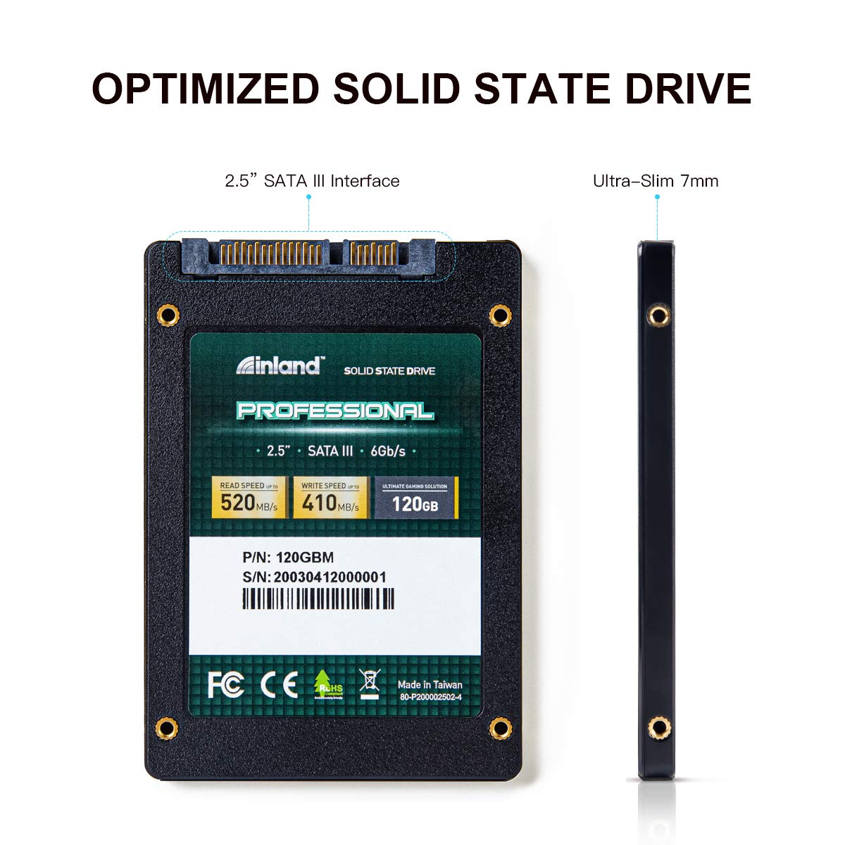 INLAND Professional 120GB SSD 3D NAND SATA III 6Gb/s 2.5" 7mm Internal Solid State Drive (120GB) - Image 3