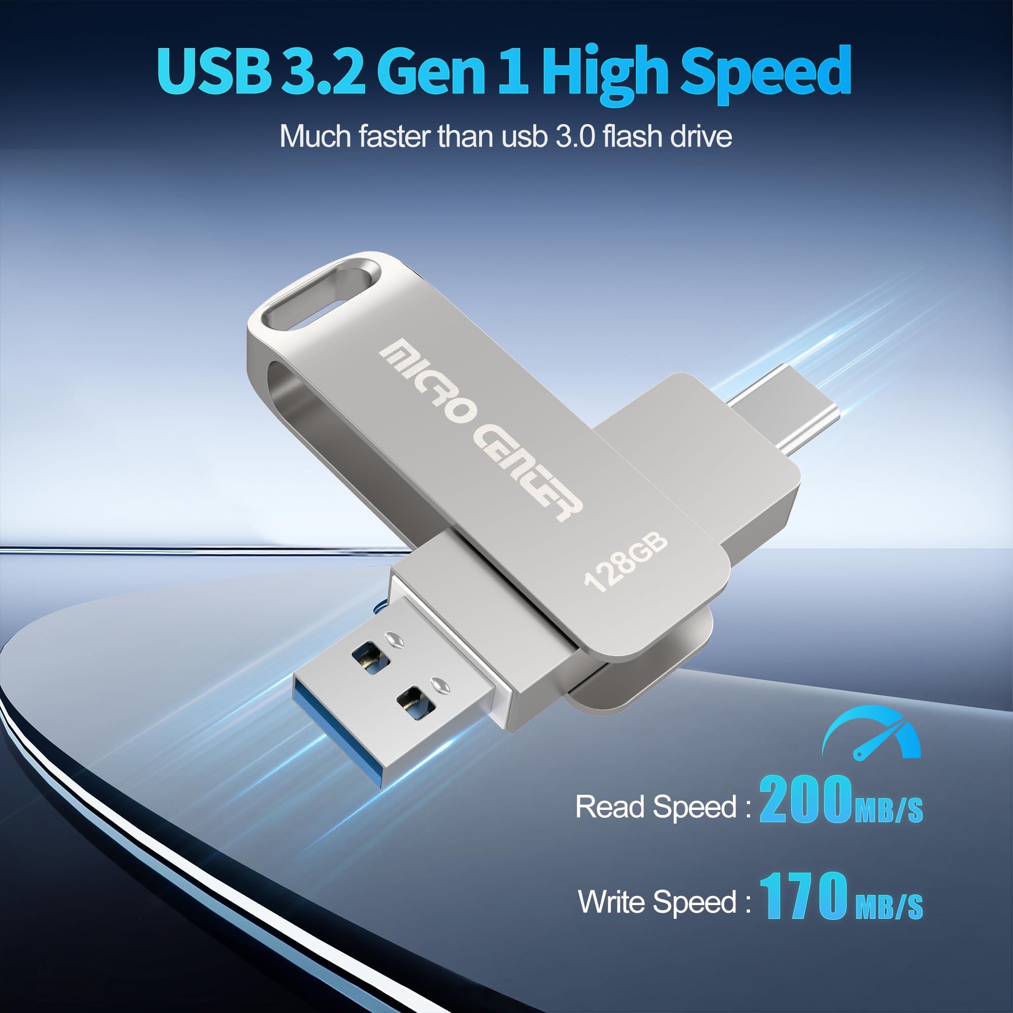 Micro Center SuperSpeed 3 Pack 128GB USB 3.2 Gen 1 Dual Drive Type-C & OTG Type-A 2-in-1 up to 200MB/s Swivel Metal Flash Drive Memory Storage Stick for Android Phones Tablets Mac Laptop - Image 3