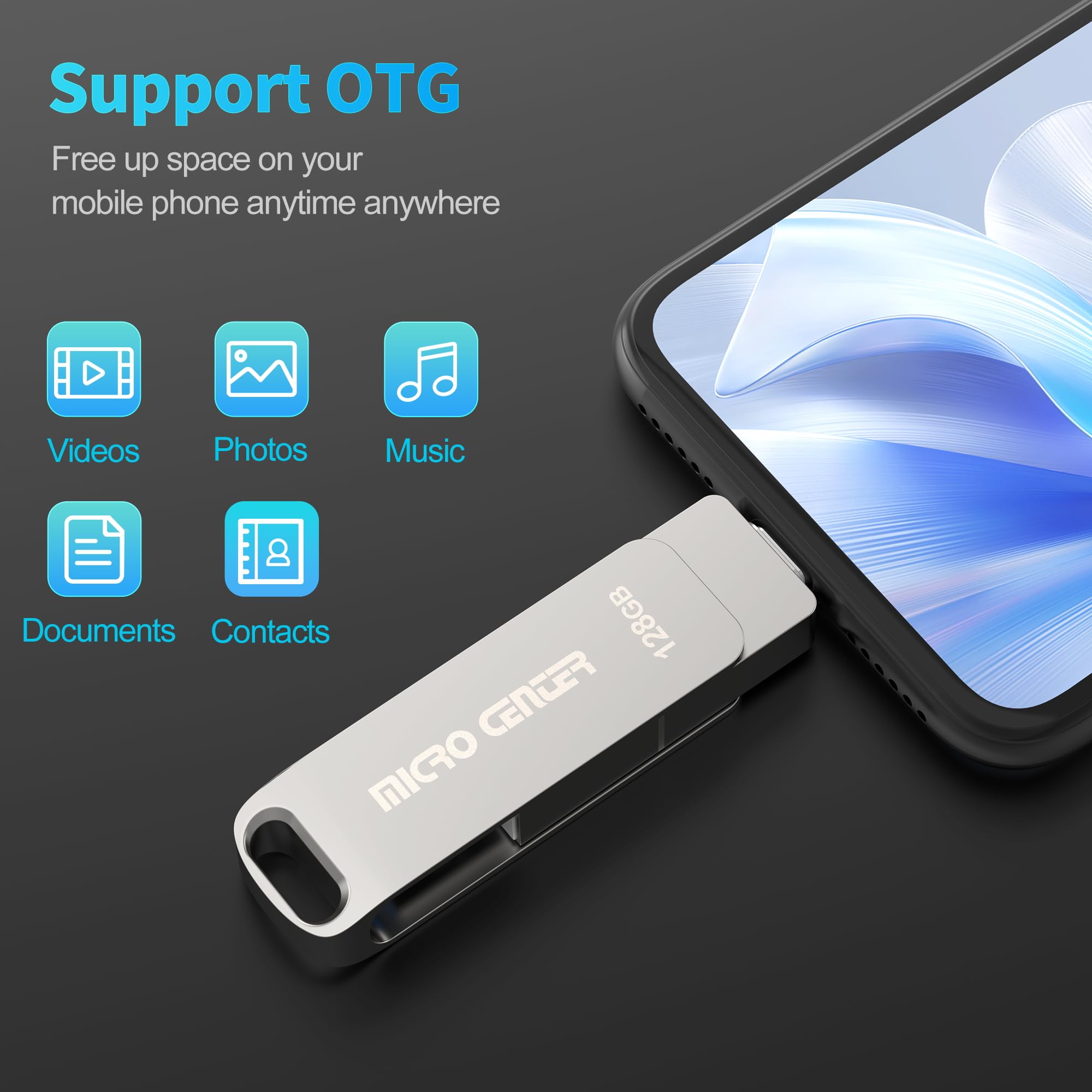 Micro Center SuperSpeed 3 Pack 128GB USB 3.2 Gen 1 Dual Drive Type-C & OTG Type-A 2-in-1 up to 200MB/s Swivel Metal Flash Drive Memory Storage Stick for Android Phones Tablets Mac Laptop - Image 5